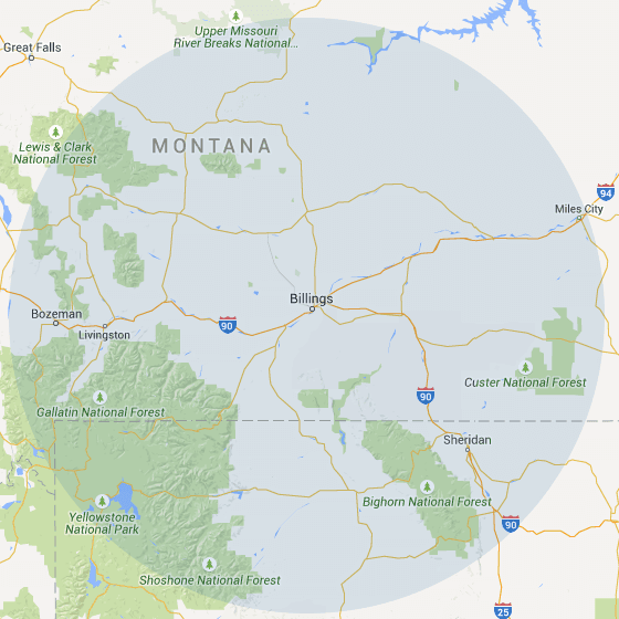 google maps image of billings montana northern wyoming southeastern montana with blue service area polygon