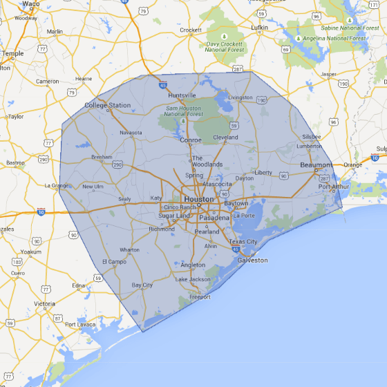 google road map image of houston texas area with blue service area polygon