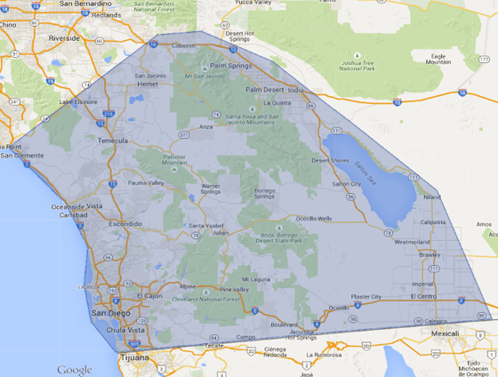 google map screenshot of san diego southern california area with blue service area polygon