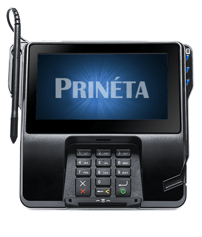 verifone mx925 credit card processing machine front with Prineta logo on screen