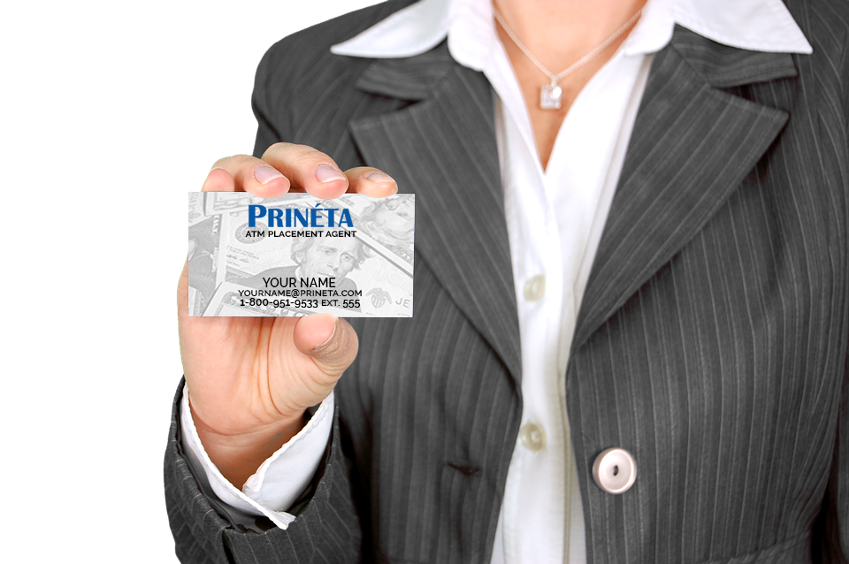woman employee sales rep holding Prineta Independent ATM Placement Agent Business Card