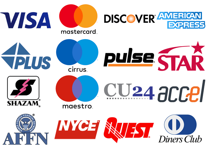 ATM Processing Network Logos Visa, Mastercard, Discover, American Express, AMEX, Plus, Cirrus, Pulse, Star, Shazam, Maestro, Credit Union 24, CU24, Accel, AFFN, Armed Forces Financial Network, NYCE, Quest, Diners Club