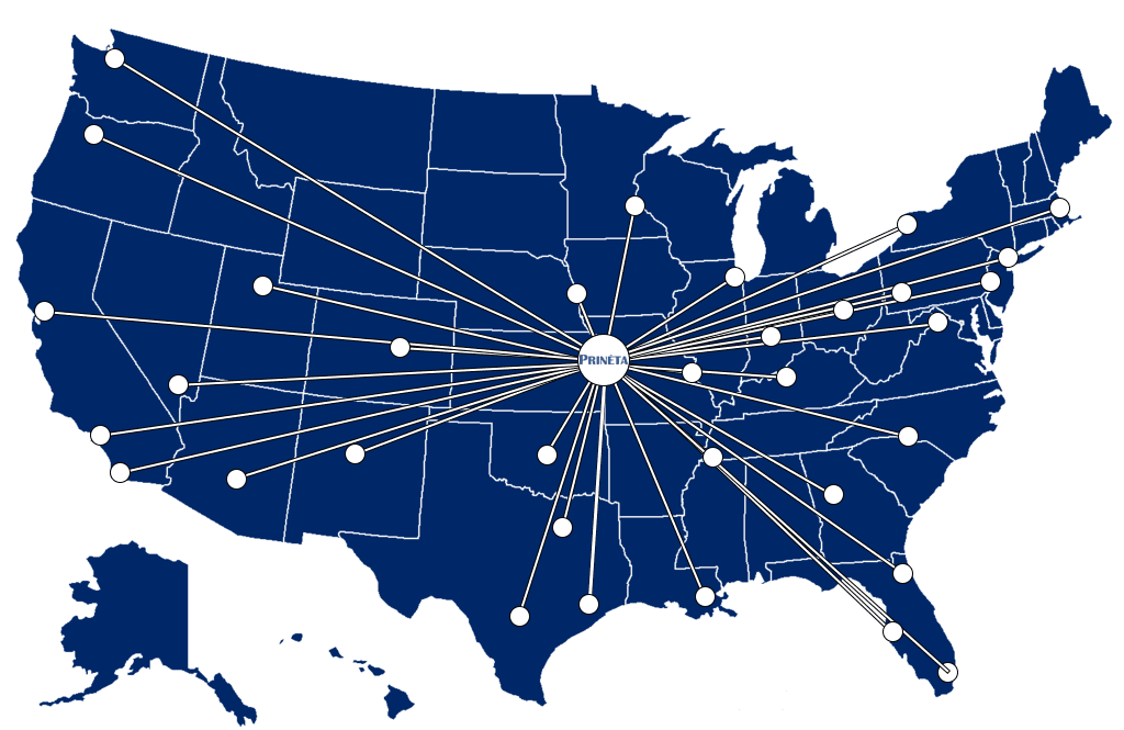 Map of the United States showing lines from Kansas City to other major US Cities