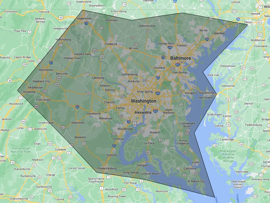 Map showing ATM Service area in Baltimore and Washington DC